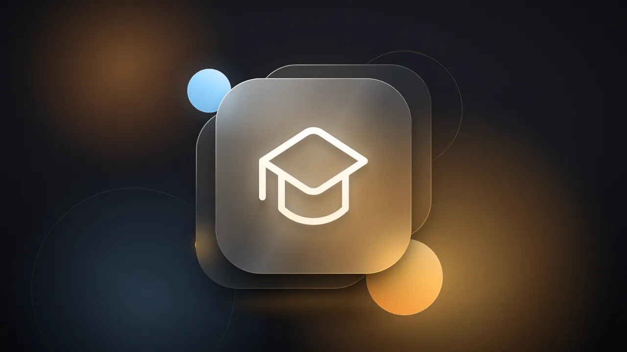 A white outline graduation cap on a frosted glass tile, with warm amber light and a small ice blue orb glowing behind it on a near-black background.
