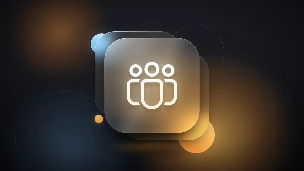 A white outline icon of three people standing together on a frosted glass tile, with warm amber light and one ice blue orb glowing behind it on a near-black background.