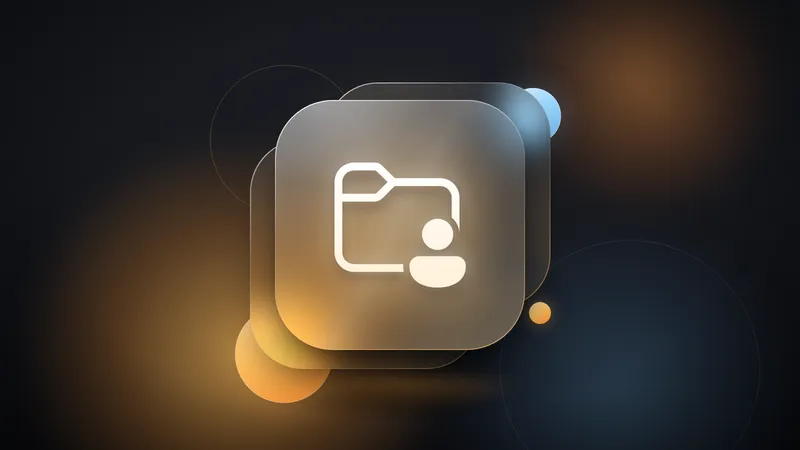 A white outline folder with a small person badge on a frosted glass tile, floating over soft amber and ice blue light on a near-black background.