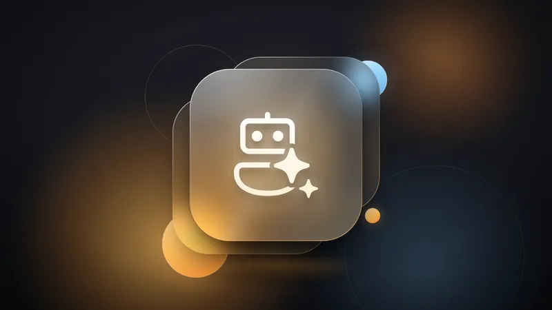 A white outline friendly bot head with two sparkles on a frosted glass tile, floating over soft amber and ice blue light on a near-black background.