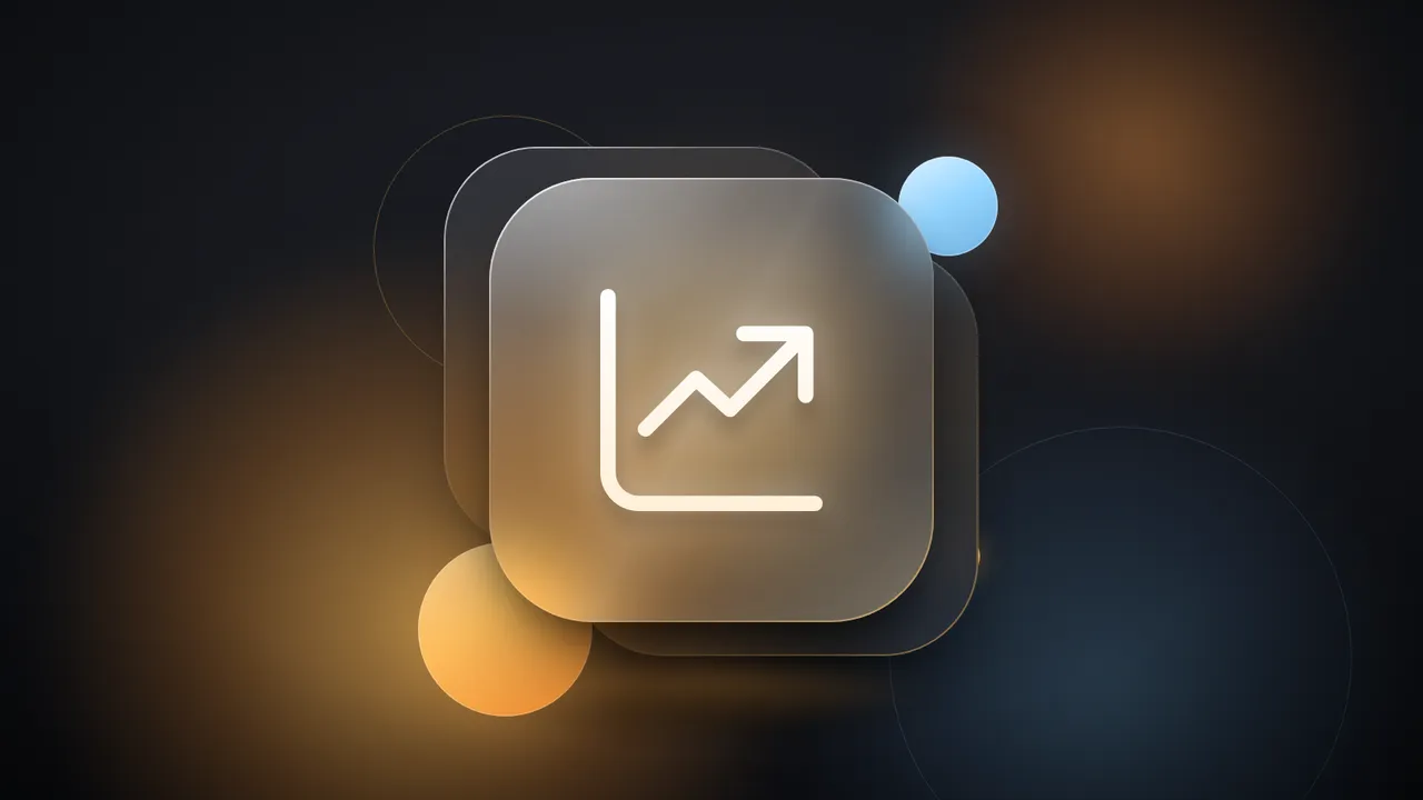A white outline line chart with a rising zigzag line and an arrow on a frosted glass tile, floating over soft amber and ice blue light on a near-black background.